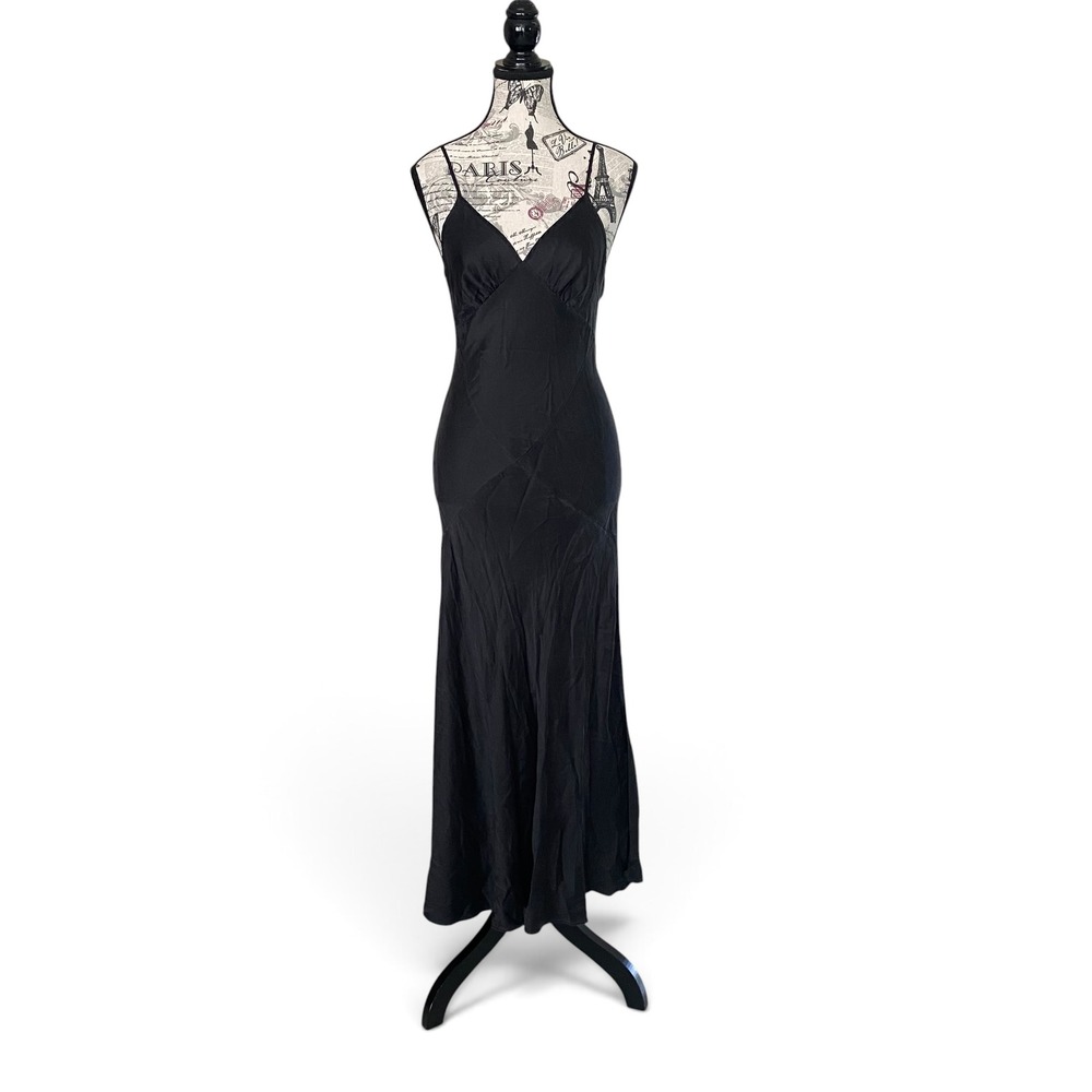 Victoria's Secret Silk Maxi Dress Women XS Black V-Back Slip Gown 90's Old Money